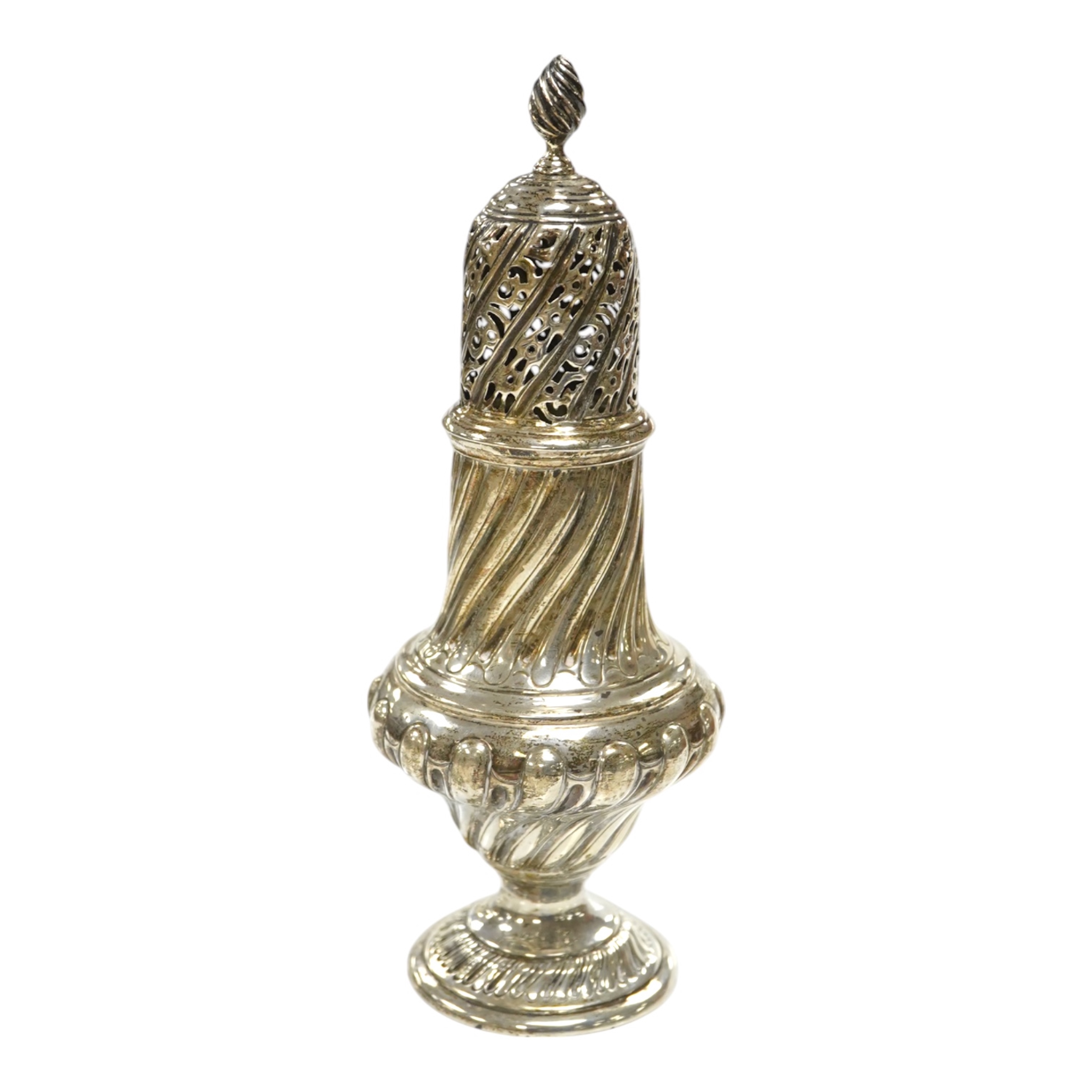 A Victorian repousse spiral fluted pedestal sugar caster, Thomas Bradbury & Sons, London, 1889, 18.3cm, 3.9oz. Condition - fair